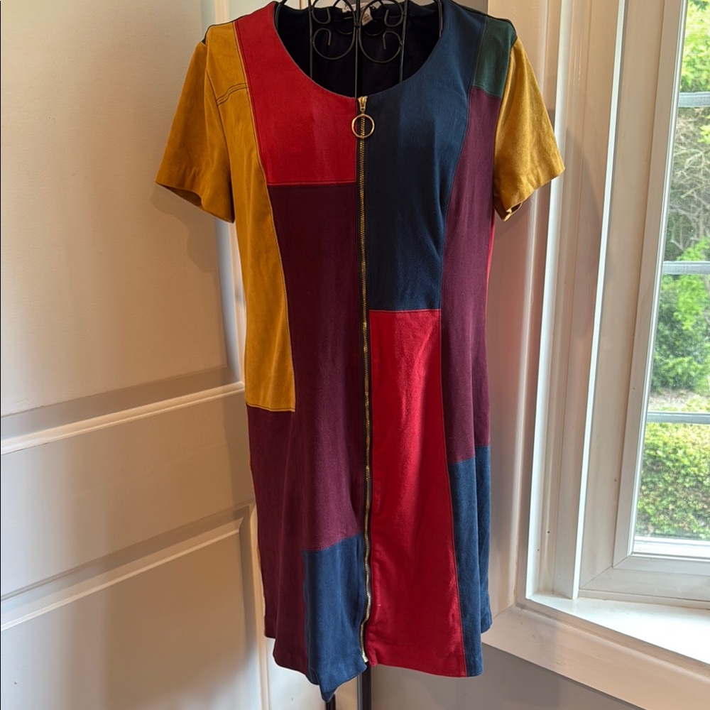 CATO vintage color block zip down short sleeve faux suede dress